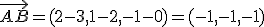 \vec{AB} = (2-3, 1-2, -1-0) = (-1,-1,-1)